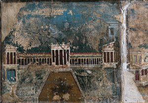 Kolmannen tyylin fresko, joka kuvaa arkkitehtonista maisemaa, yksityiskohta rakennuksesta, jota reunustaa pylväikuuri, Pompejista tekijältä Roman Roman