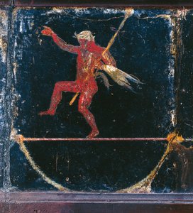 Kolmannen tyylin fresko, joka kuvaa funambolisti Seleniä, yksityiskohta Silenuksesta pitelemässä thyrsusta, niin kutsutusta Ciceron huvilasta Pompejissa tekijältä Roman Roman