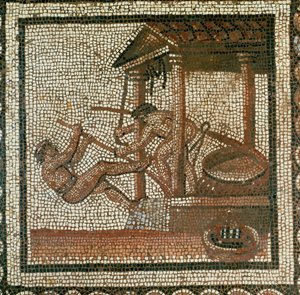 Kaksi miestä puristamassa öljyä (mosaiikki) tekijältä Roman Roman
