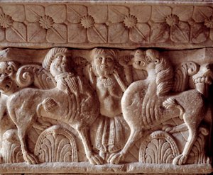 Kentauri ja leijona, veistetty pääkaupunki Prioryn tribüünissä tekijältä Romanesque