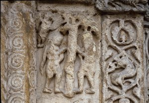 Aatami ja Eeva. Yksityiskohta basilikaanin julkisivusta, 1100-luvun alku (reliefi) tekijältä Romanesque