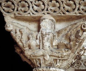 Pääkaupunki, joka edustaa pyhää Pietaria hänen ristillään (veistos tekijältä Romanesque