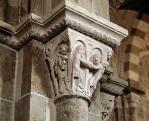 Esau palaa metsästyksestä ja huomaa olevansa isänsä Iisakin edessä, joka siunaa Jaakobia (veistetty pääkaupunki) tekijältä Romanesque