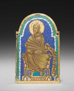 Plakki: Istuva profeetta pyhäkköpyhäköstä: Osea (Hosea), n. 1170-1180 (kullattu kupari, champlevé-emali) tekijältä Romanesque