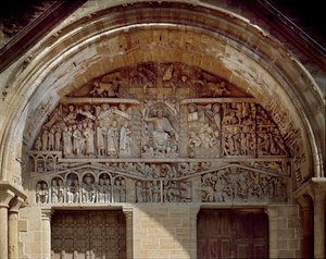Romaaninen taide: Viimeistä tuomiota edustava Tympan, oikealla Kristuksen paratiisista, vasemmalla helvetin kaaosta. Veistos (1130-1140) Sainte Foyn (Sainte-Foy) luostarikirkosta Conquesissa (Aveyron), Ranska.