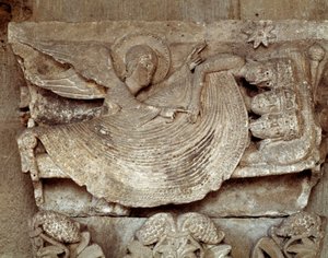 Tietäjät nukkuvat enkelin kanssa, joka herättää heidät ja osoittaa kohti Betlehemin tähteä (veistetty pääkaupunki) tekijältä Romanesque