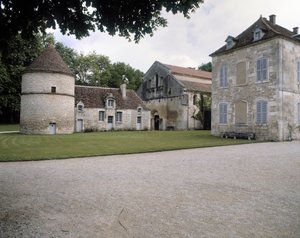 Näkymä kyyhkyslakalle, kirkolle ja apottin asuinpaikalle tekijältä Romanesque