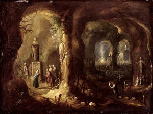 Grotto, jossa on patsaita ja lukuisia epäjumalia palvovia hahmoja (Pyhä Simeon Stylites), noin 1640 (öljy kuparille). tekijältä Rombout van Troyen
