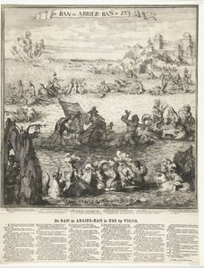 Sarjakuva hopealaivaston valtauksesta Vigossa, 1702 The Ban ja Arrier-Ban in the Sea (otsikko esineessä) Kielto ja tulokielto merellä Vigosissa (otsikko esineessä) tekijältä Romeyn de Hooghe (possibly)
