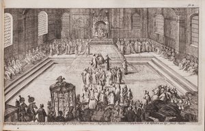Kohtaus tsaari Aleksis Mihailovitšin kuninkaallisessa hovissa, 1677 tekijältä Romeyn de Hooghe