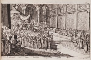 Kohtaus tsaari Aleksis Mihailovitšin kuninkaallisessa hovissa, 1677 tekijältä Romeyn de Hooghe