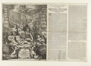 Allegoria Michiel de Ruyterin kuolemasta, 1676 Julkaisun elämä ja liiketoiminta: Manhaften Heer, Den Heer Michaël de Ruyter Pyhän Michielin ritarikunnan ritari, jne. Lt. Amiraali kenraali van Hollandt ja West-Vrieslandt (nimi esineessä) tekijältä Romeyn de Hooghe