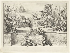 Allegoria Leopold I:n voitoista Divo et invictissimo Leopoldo I (otsikko esineessä) Leopold I:n saapuminen Brysseliin turkkilaisten voittamisen jälkeen, 1686 (sarjan nimi) tekijältä Romeyn de Hooghe