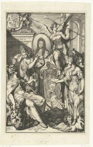 Allegorinen etulevy William III:n muotokuvalla Voyage de sa Majeste Britannique en Hollande (otsikko esineessä) tekijältä Romeyn de Hooghe