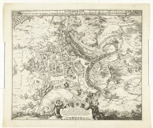 Luxemburgin oven pommitus de maarschalk de Créquy, 1684 Luxemburg, johtaja. sukunimi metropoli chimacens prinssi stren def. reg. Mutta Gallialaiset käsivarret valloittivat hänet. 4. kesäkuuta Ao. 8834 (otsikko esineessä) tekijältä Romeyn de Hooghe