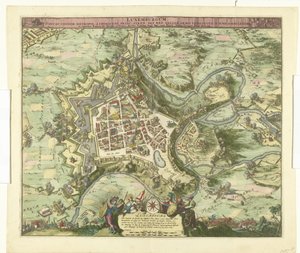 Luxemburgin oven pommitus de maarschalk de Créquy, 1684 Luxemburg, johtaja. sukunimi metropoli chimacens prinssi stren def. reg. Mutta Gallialaiset käsivarret valloittivat hänet. 4. kesäkuuta Ao. 8834 (otsikko esineessä) tekijältä Romeyn de Hooghe