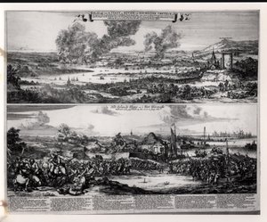Hollantilaisten hyökkäys Medway-joella 20. ja 21. kesäkuuta 1667, kaivertaja Nicolas Visscher (1618-1709). tekijältä Romeyn de Hooghe