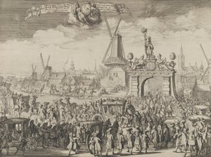 William III:n sisäänkäynti The Hague Inhaling van S.K. Maj. aende Westeynder brug -ovi ..., 1691. tekijältä Romeyn de Hooghe