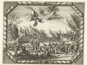 Ranskan julmuudet Bodegravenissa ja Zwammerdamissa, 1672 Spiegel der France Tirannye vetosi Hollantsche Dorpeniin (otsikko esineessä) tekijältä Romeyn de Hooghe