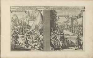 Lääkärit Arcladassa; Jesuiitta ajellut tietullimestari Golkondassa Guerisons infames des Arclades / Rude Healings // Roi de Golconde, Douane jne. / Tolrecht, en Cases (otsikko esineessä) Les Indes Orientales et Occidentales et autres tekijältä Romeyn de Hooghe