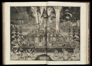 Suuri ilotulitusnäytös. Kappaleesta "Hänen brittiläisen majesteettinsa riemuvoittoinen paluu Hollantiin" (CBL AL 146, pl.67). tekijältä Romeyn de Hooghe