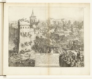 Inname van Corbeil, 1590 Corbeilin vangitseminen (otsikko esineessä) Flanderin sodat (sarjan nimi) tekijältä Romeyn de Hooghe