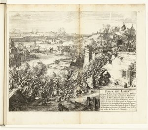 Inname van Lagny, 1589-1590 Lagnyn vangitseminen (otsikko esineessä) Flanderin sodat (sarjan nimi) tekijältä Romeyn de Hooghe