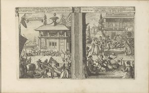 Japanilainen koophandel; Hof van de koning van de Calaminhans Japanse koophandel / Japanin kauppa // Calaminhans Eer Pracht / Kuningas Calaminhanin loisto Itä-Intiassa (otsikko esineessä) Itä- ja Länsi-Intia ja muut paikat (sarja tekijältä Romeyn de Hooghe