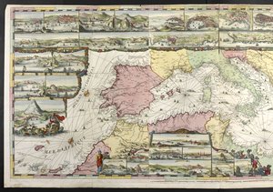 Välimeren kartta allegorisilla hahmoilla ja merihirviöillä koristamassa upeita, Charles Penen ja Pieter Mortierin teoksista "The French Neptune and Atlas Maritime and Suite du Neptune François" tekijältä Romeyn de Hooghe