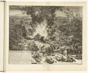 Parman laivasillan räjäyttäminen Scheldtin yli, 1585 Deroute du Pont Farnese (otsikko esineessä) Guerres de Flandres (sarjan nimi) tekijältä Romeyn de Hooghe