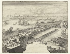 Parman laivasilta Scheldtin yli, 1585 Guerres de Flandres (sarjan nimi) tekijältä Romeyn de Hooghe