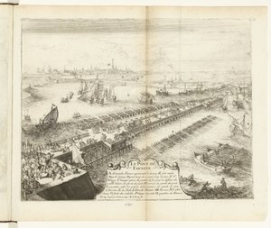 Parman laivasilta Scheldtin yli, 1585 Le Pont de Farnese (otsikko esineessä) Guerres de Flandres (sarjan nimi) tekijältä Romeyn de Hooghe