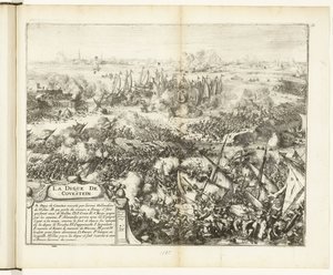 Taistelu Kauwensteinin padon puolesta, 1585 La digue de Covestein (otsikko esineessä) Guerres de Flandres (sarjan nimi) tekijältä Romeyn de Hooghe