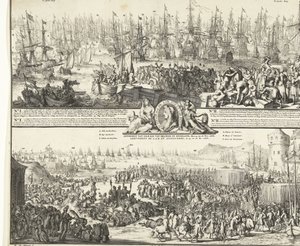 William III:n matka Englantiin, 1688 S.K.H.:n lähtö Englannin jälkeen, 11. marraskuuta 1688 / S.K.H.D.P.:n saapuminen Orangesta Englannissa, 15. ja 16. marraskuuta. 1688 (otsikko esineessä) Department of S.A.R. pour Angleterre, Le 11. No. 1688 / Arrival de tekijältä Romeyn de Hooghe
