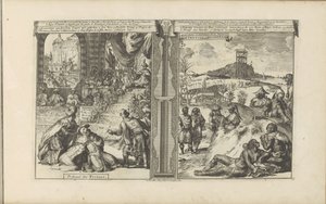 Tribunaal in Perzie; Khoikhoi Guineersissa Persialaisten tuomioistuin // Hottentots in Guineesche / Hottentots and Inhabitants of Guinea (otsikko esineessä) Itä- ja Länsi-Intia ja muut paikat (sarjan nimi) tekijältä Romeyn de Hooghe