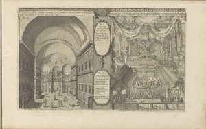 turkkilainen moskeija Konstantinopelissa; Keizerlijkhof Kiinassa Turksche pilkkaa van binnenia / S. Sofian moskeijan sisustus Konstantinopolissa // Chineese Hof Pomp / Emp:n tuomioistuimen loisto. Kiinasta. (otsikko esineessä) Itä-Intiat ja O tekijältä Romeyn de Hooghe