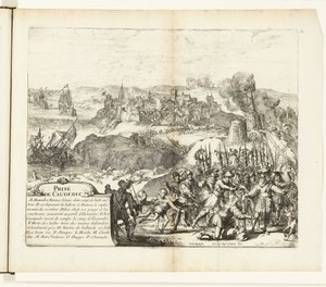 Verovering van Caudebec, 1592 Caudebecin vangitseminen (otsikko esineessä) Flanderin sodat (sarjan nimi) tekijältä Romeyn de Hooghe