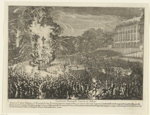 Ilotulitus palatsin puutarhassa, 1686 Castrum Triumphi Lucens et Ardens (otsikko esineessä) Leopold I:n saapuminen Brysseliin turkkilaisten voittamisen jälkeen, 1686 (sarjan nimi) tekijältä Romeyn de Hooghe