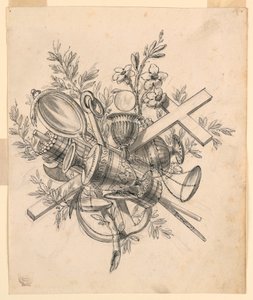 Piirustus, pokaali ja hyveiden symbolit, 1830-1850 tekijältä Romolo Achille Liverani