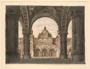 Lavastus, Kirkon julkisivu loggiasta, Felice Romanin Valdomiri, musiikki Pietro de Winter. Esitetty La Scalassa, Milanossa, 1818 tekijältä Romolo Achille Liverani