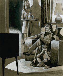 Mustavalkoista televisiota katsova perhe 1960-luvulla tekijältä Ron Embleton