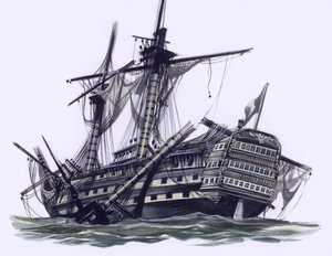 HMS Victory Trafalgarin taistelun jälkeen, keskimasto ammuttu pois (guassia paperille). tekijältä Ron Embleton