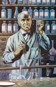Thomas Alva Edison, yhdysvaltalainen keksijä ja liikemies (värilitografia). tekijältä Ron Embleton
