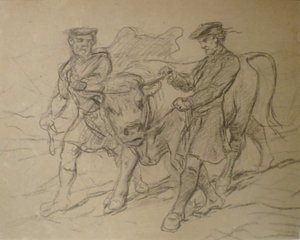 Kaksi miestä ja härkä, Rosa Bonheur, musta liitu, Columbuksen taidemuseo. tekijältä Rosa Bonheur
