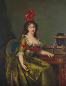 Naisen muotokuva vihreässä satiinimekossa ja punaisilla nauhoilla varustetussa konepellissä. tekijältä Rose Adelaide Ducreux