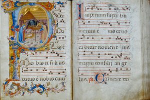 Kuorokirja "D", esillä Santo Stefanon katedraalissa: historiallinen alkukirja, joka kuvaa syntymää, n. 1429-1435