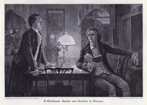 Saksalaiset kirjailijat Friedrich Schiller ja Johann Wolfgang von Goethe Weimarissa (kaiverrus)