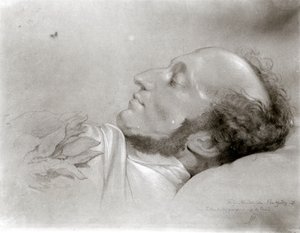 Felix Mendelssohn (1809-47) kuolinvuoteella, n. 1847 tekijältä Rudolf Julius Benno Huebner