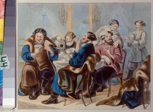 Tee ja Sokeri. Teetä juomassa tavernassa parissa Zhukovsky, Rudolf Kasimirovich (1814-1886), 1800-luvun ensimmäinen neljännes. - Litografia, akvarelli - Valtion historiallinen museo, Moskova tekijältä Rudolf Kasimirovich Zhukovsky