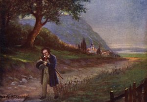 Beethoven aamukävelyllä Wienin esikaupunkialueella Kahlenbergerdorfissa (värilitho)